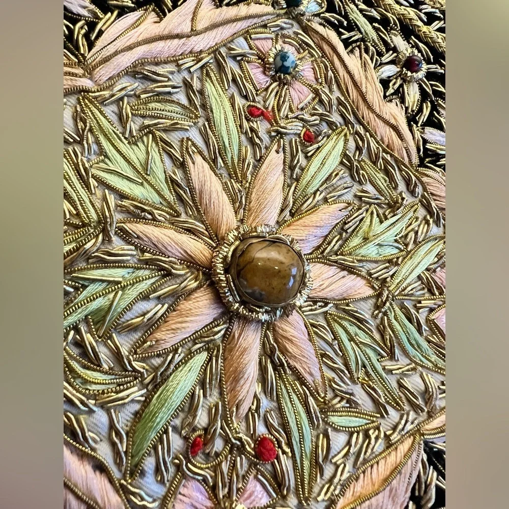 Handmade Zardozi Embroidered Wall Hanging Velvet Gold Tapestry 12x9 Indian Boho